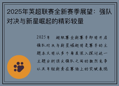 2025年芵超联赛全新赛季展望：强队对决与新星崛起的精彩较量