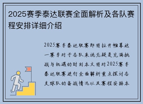 2025赛季泰达联赛全面解析及各队赛程安排详细介绍